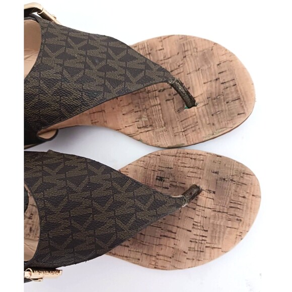 Michael Kors Thong Sandal Brown MK Logo Cork Block Heel Buckle Ankle Strap Sz 6 - Picture 4 of 12